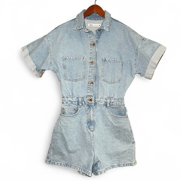 Zara Denim Short Sleeve Button Up Romper - Picture 5 of 16